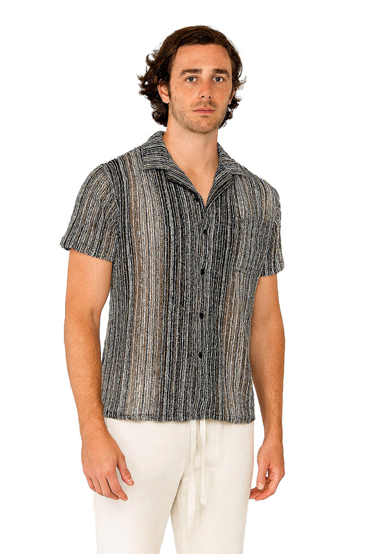 Men's S/S Embroidered Poly/Spandex Stretch Shirt-BLACK/WHITE-MKTF3283 - 6 PCS/PRE-PACK