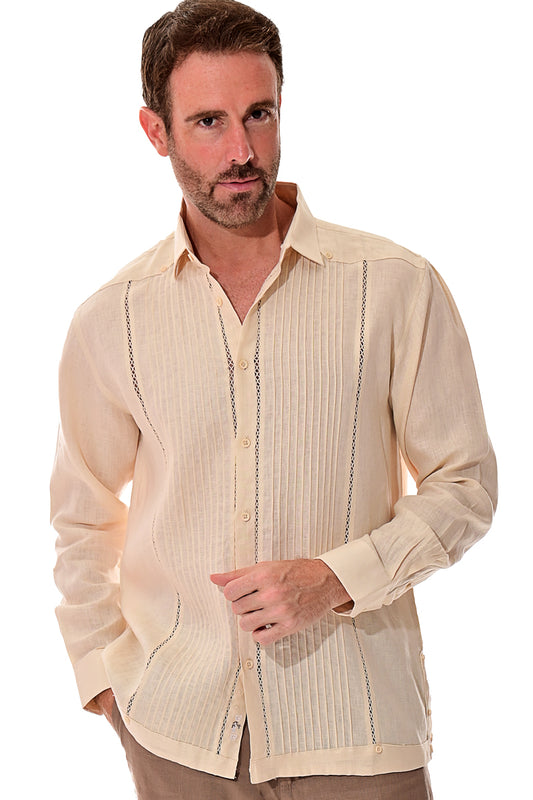 Men Linen Fancy Guayabera L/S Pin Tuck Shirt-BEIGE-Color Options-MLFG2025 - 6 PCS/PRE-PACK