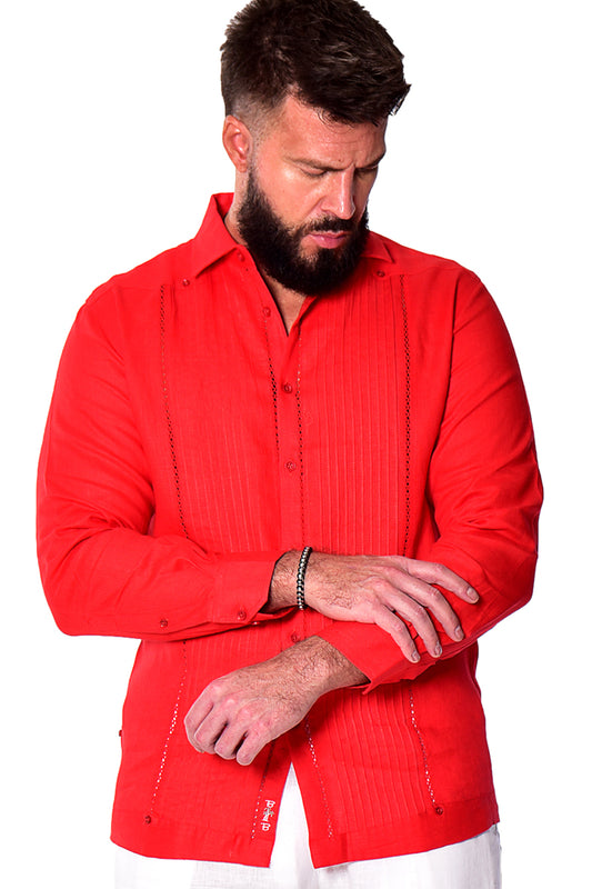 Men Linen Fancy Guayabera L/S Pin Tuck Shirt-RED-Color Options-MLFG2025 - 6 PCS/PRE-PACK