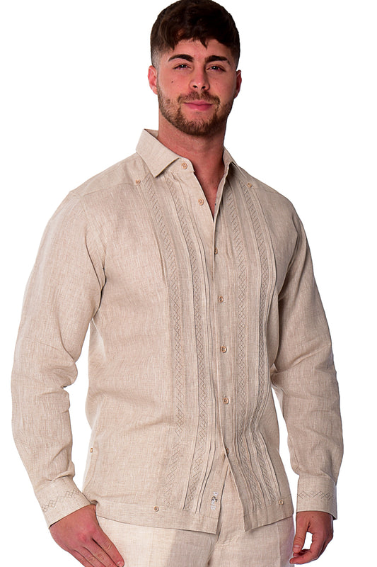 Men Linen Fancy Guayabera L/S Shirt-NATURAL-Color Options-MLFG2026 - 6 PCS/PRE-PACK
