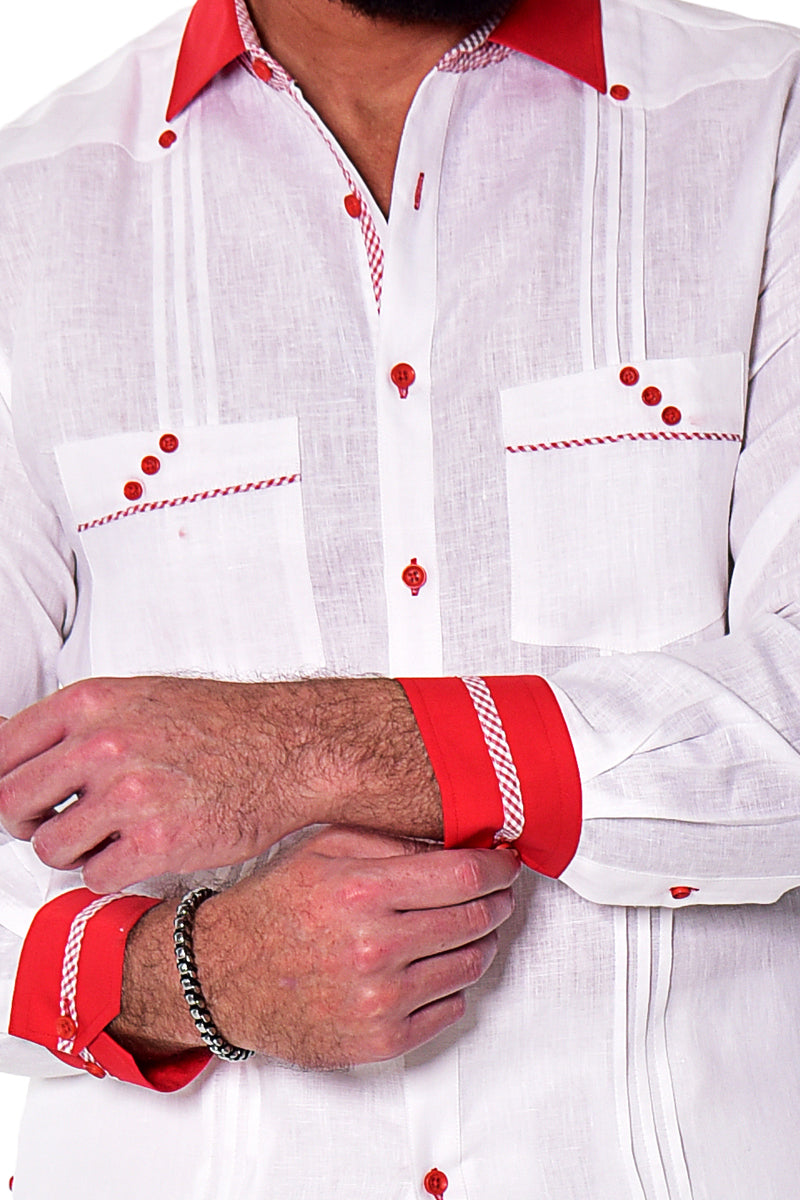 Men Linen Fancy Guayabera L/S Shirt - WHITE/RED - MLFG2027