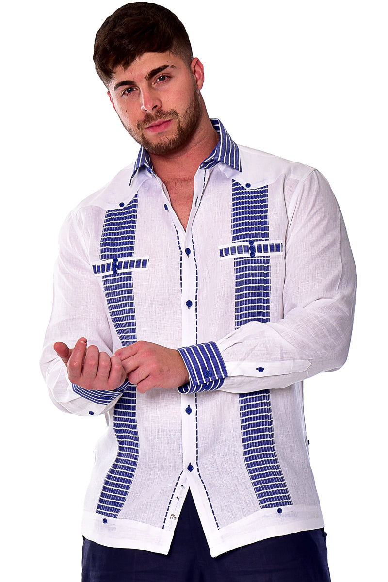 Men Linen Fancy Guayabera L/S Shirt - WHITE/BLUE - Color Options - MLFG2029