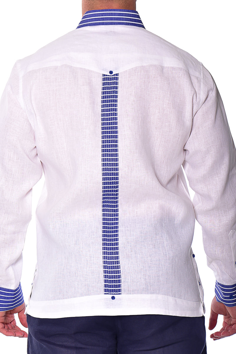 Men Linen Fancy Guayabera L/S Shirt - WHITE/BLUE - Color Options - MLFG2029