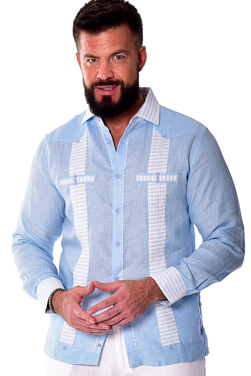 Men Linen Fancy Guayabera L/S Shirt - WHITE/BLUE - Color Options - MLFG2029