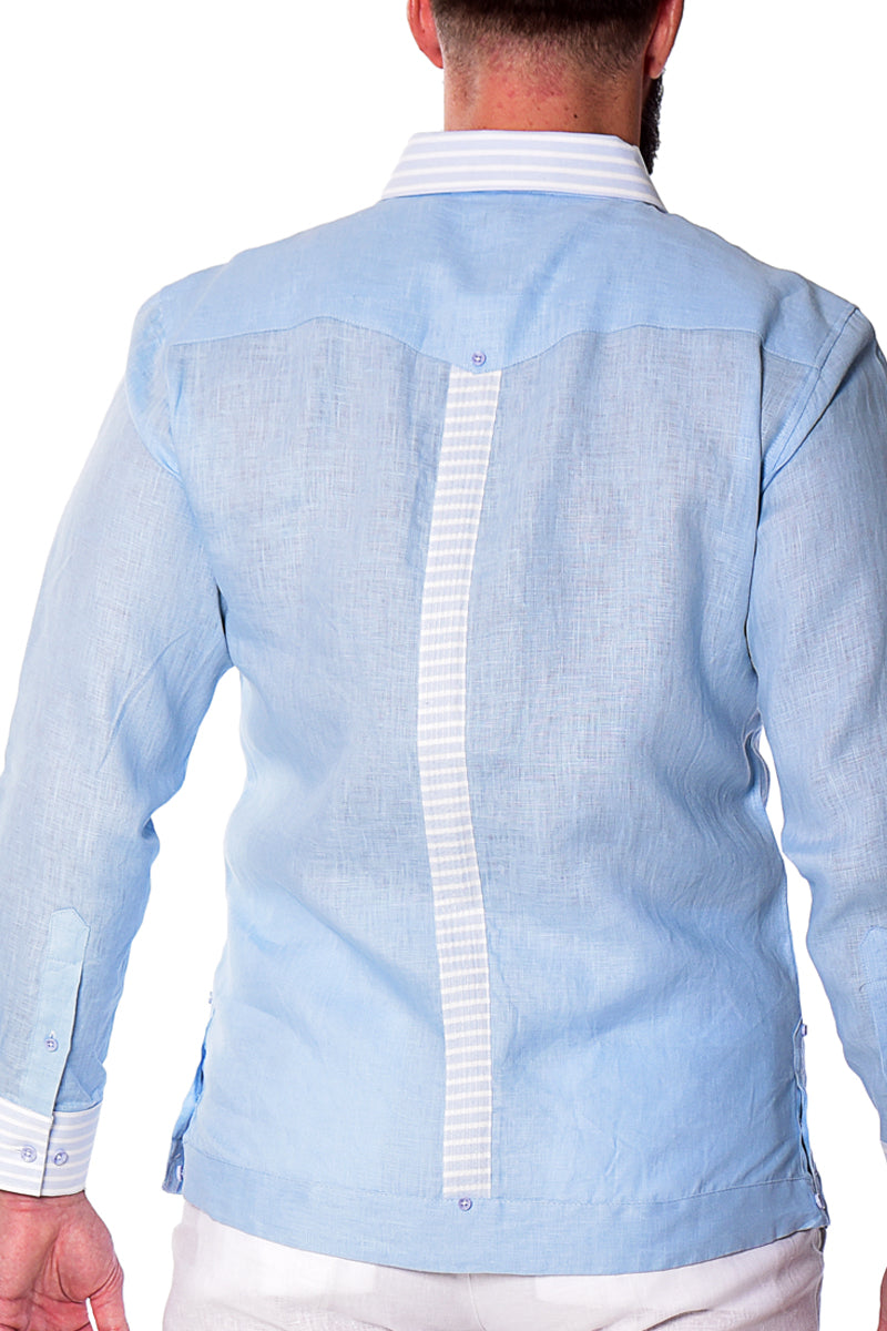 Men Linen Fancy Guayabera L/S Shirt - WHITE/BLUE - Color Options - MLFG2029