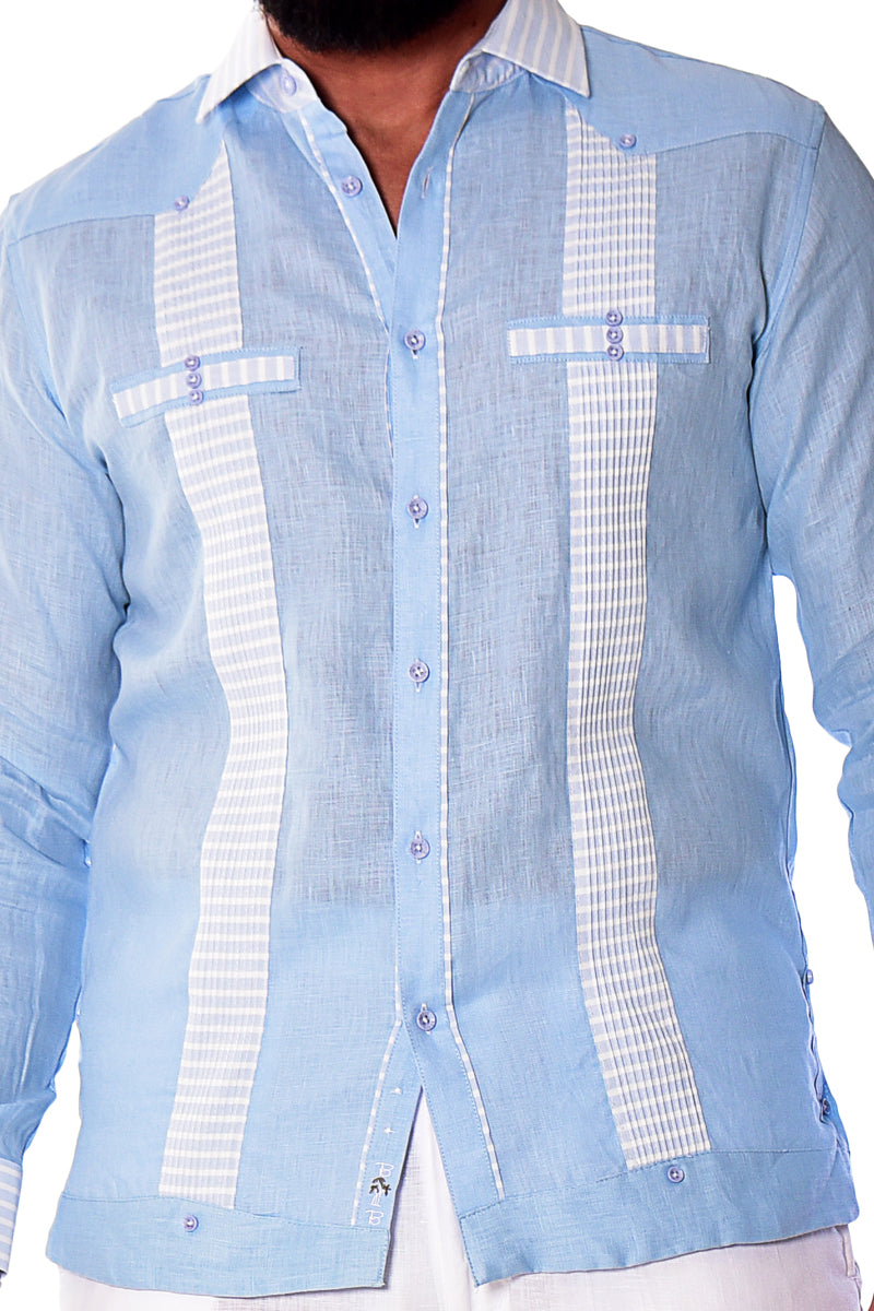 Men Linen Fancy Guayabera L/S Shirt - WHITE/BLUE - Color Options - MLFG2029