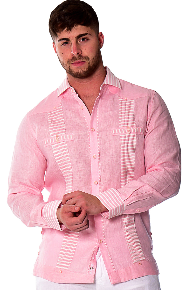 Men Linen Fancy Guayabera L/S Shirt - WHITE/BLUE - Color Options - MLFG2029