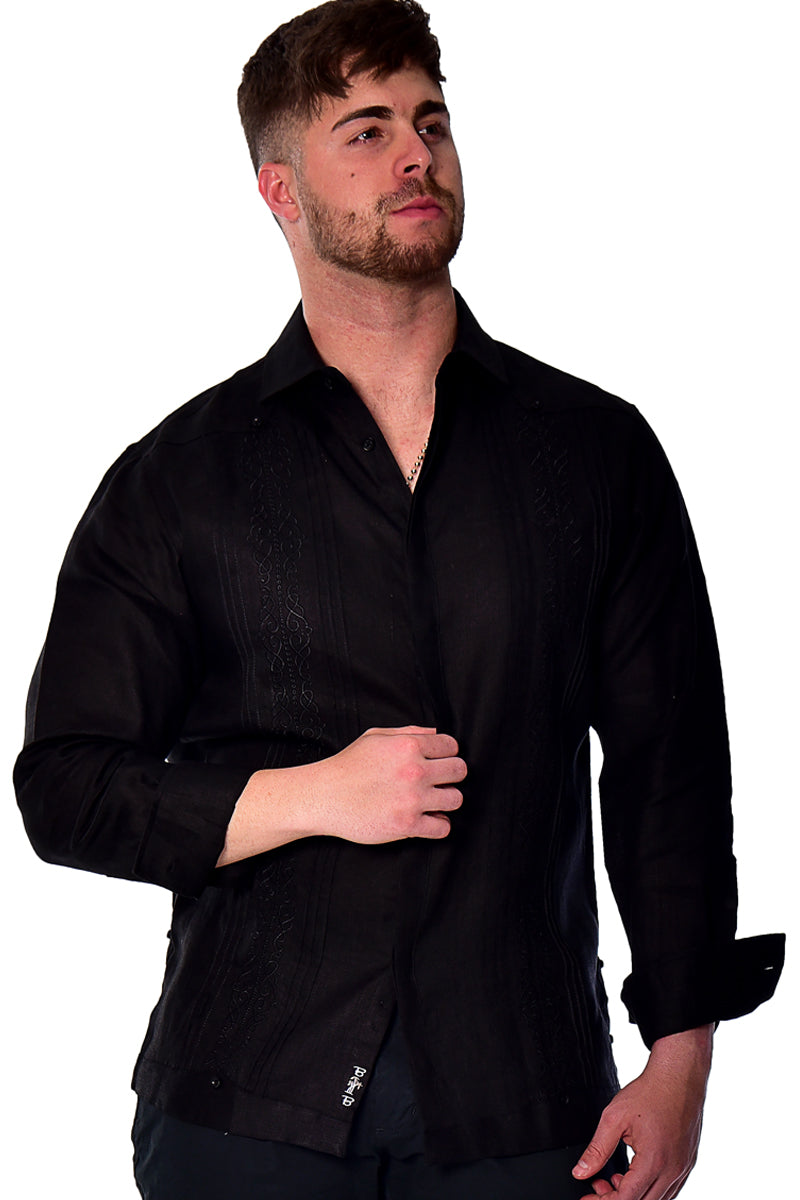Men Linen Fancy Embroidered L/S Shirt-NATURAL-Color Options-MLFG2030 - 6 PCS/PRE-PACK