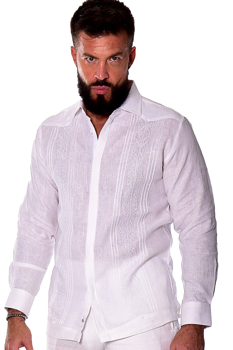 Men Linen Fancy Embroidered L/S Shirt-NATURAL-Color Options-MLFG2030 - 6 PCS/PRE-PACK