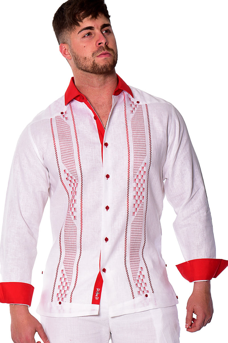 Men Linen Fancy Guayabera L/S Shirt WHITE/NAVY - Color Options - MLFG2032