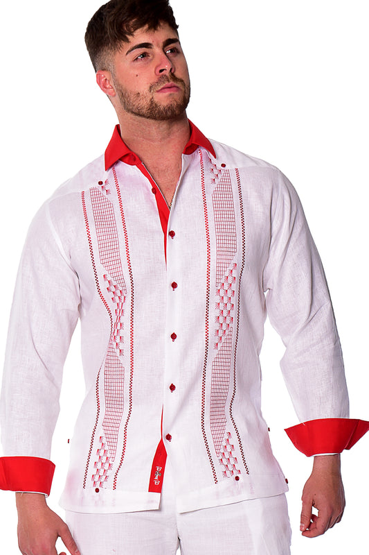 Men Linen Fancy Guayabera L/S Shirt WHITE/RED-Color Options-MLFG2032 - 6 PCS/PRE-PACK