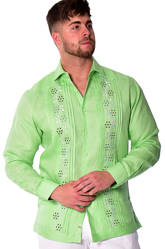 Men 100% Linen Fancy Guayabera L/S Shirt in GREEN-Color Options-MLFG2033 - 6 PCS/PRE-PACK