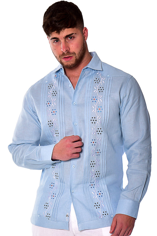 Men 100% Linen Fancy Guayabera L/S Shirt in LT. BLUE-Color Options-MLFG2033 - 6 PCS/PRE-PACK