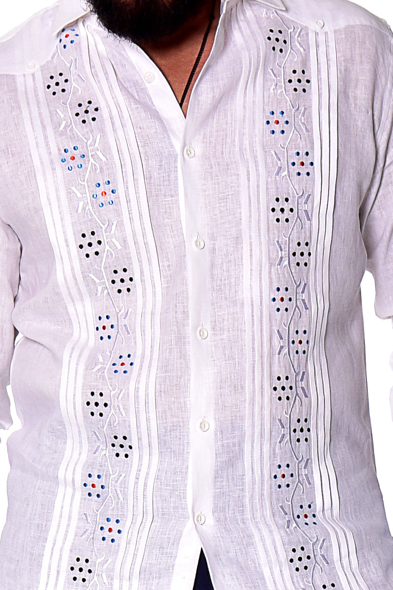 Men 100% Linen Fancy Guayabera L/S Shirt in LT. BLUE-Color Options-MLFG2033 - 6 PCS/PRE-PACK