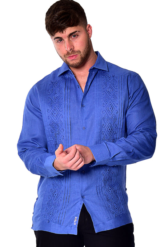 Men Linen Fancy Embroidered L/S Shirt-ROYAL-Color Options-MLFG2034 - 6 PCS/PRE-PACK