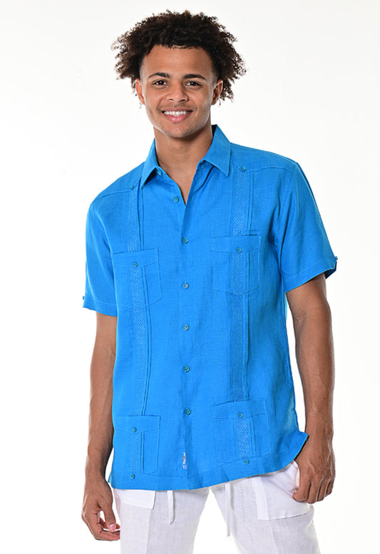 Men Linen Guayabera Short Sleeve Shirt-ROYAL-MLG1272 - 6 PCS/PRE-PACK