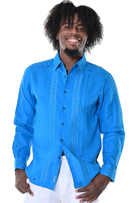 Men Linen Guayabera Style L/S Shirt-ROYAL-MLG1415 - 6 PCS/PRE-PACK