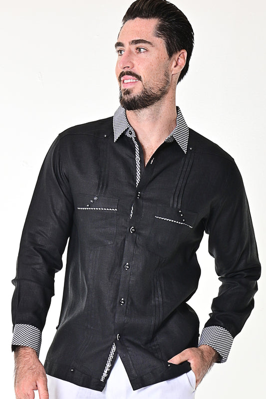 Men Linen Guayabera Fancy Shirt Long Sleeve-BLACK-MLG1416 - 6 PCS/PRE-PACK