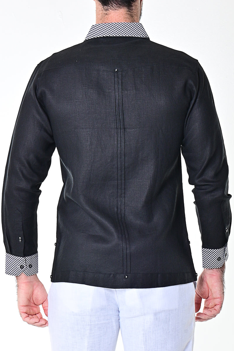 Men Linen Guayabera Shirt Long Sleeve - BLACK - MLG1416