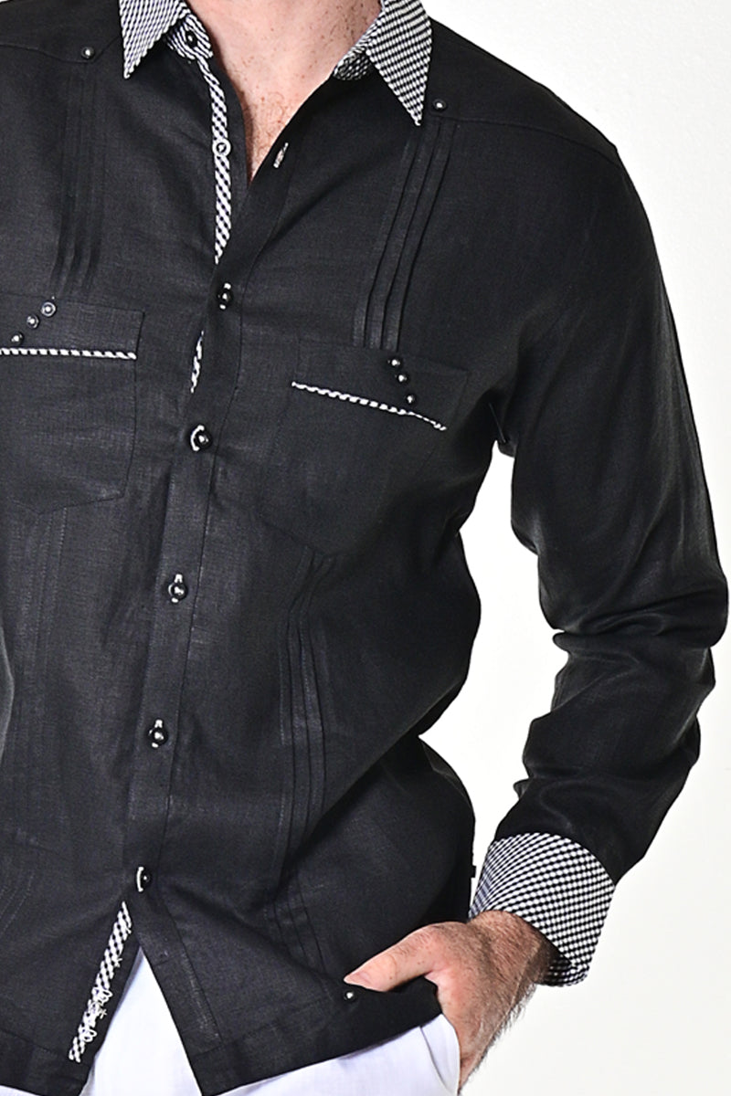 Men Linen Guayabera Shirt Long Sleeve - BLACK - MLG1416