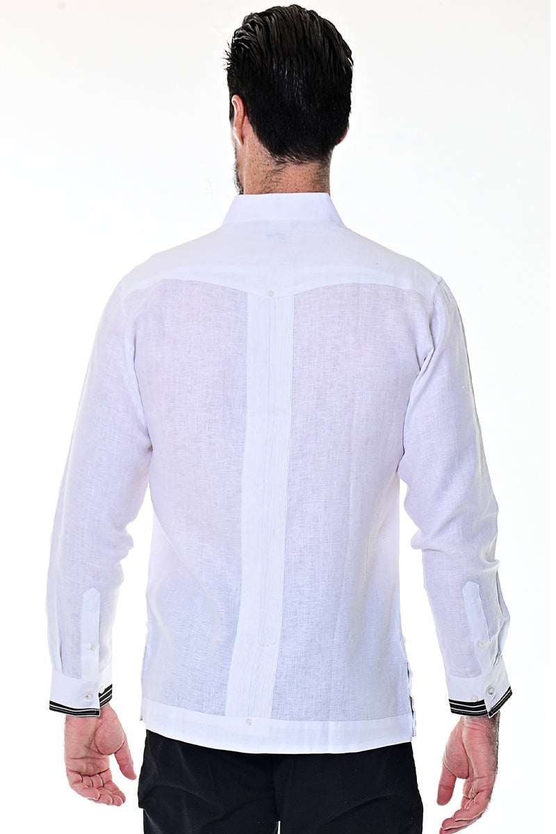 Men Linen Fancy Guayabera L/S Shirt Tuxedo WHITE - MLG1686