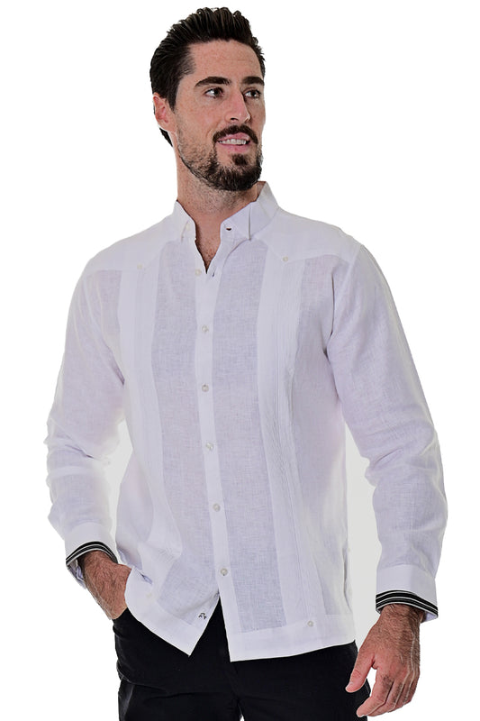 Men Linen Fancy Guayabera L/S Shirt Tuxedo WHITE/black-MLG1686 - 6 PCS/PRE-PACK