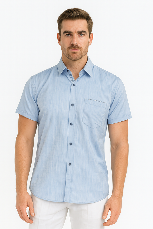 Men's LINEN LOOK S/S Button Down Shirt Contrast Slv Trim-LT. BLUE-MLL3496-COLOR OPTIONS-6 PCS/PRE-PACK