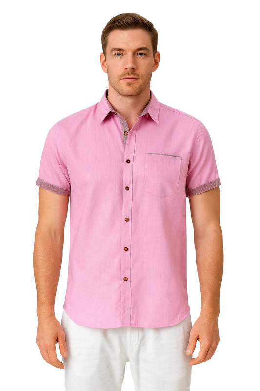 Men's LINEN LOOK S/S Button Down Shirt Contrast Slv Trim-PINK-MLL3496-COLOR OPTIONS-6 PCS/PRE-PACK