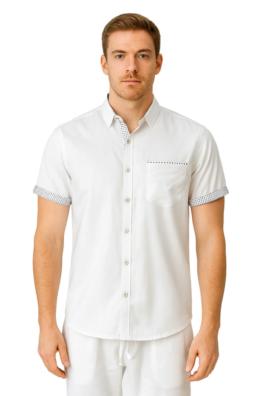 Men's LINEN LOOK S/S Button Down Shirt Contrast Slv Trim-WHITE-MLL3496-COLOR OPTIONS-6 PCS/PRE-PACK