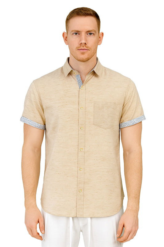 Men's LINEN LOOK S/S Button Down Shirt Contrast Slv Trim - BEIGE - MLL3497B - 6 PCS/PRE-PACK