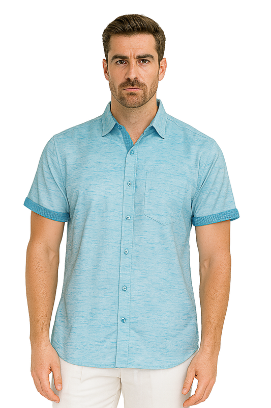 Men's LINEN LOOK S/S Button Down Shirt Contrast Slv Trim-AQUA-COLOR OPTIONS-MLL3497-6 PCS/PRE-PACK
