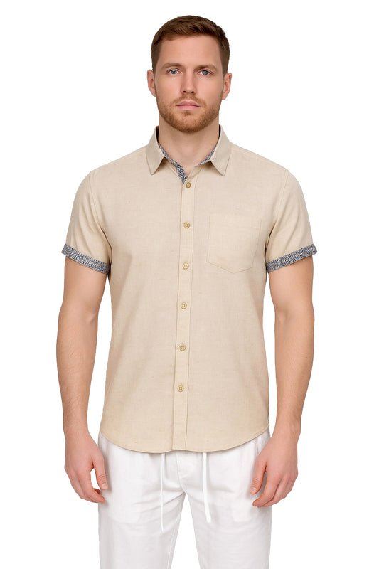 Men's LINEN LOOK S/S Button Down Shirt Contrast Slv Trim - BEIGE - COLOR OPTIONS - MLL3497-6 PCS/PRE-PACK