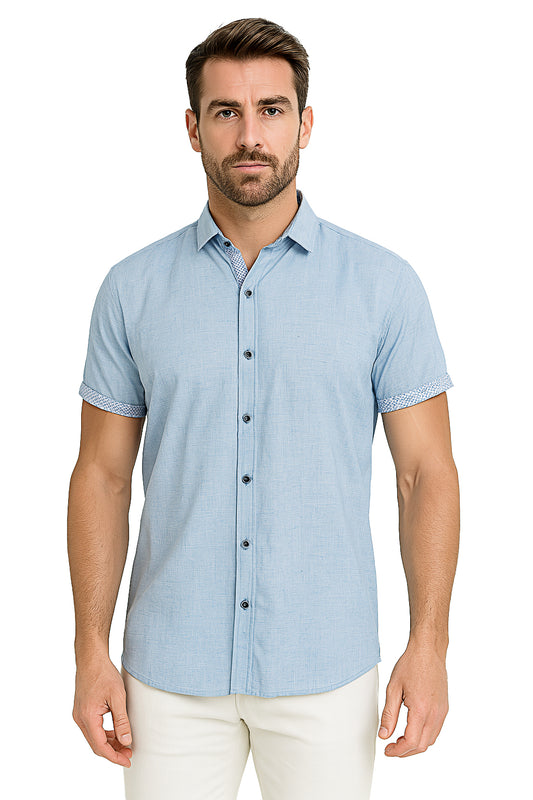 Men's LINEN LOOK S/S Button Down Shirt Contrast Slv Trim - LT. BLUE - MLL3498B - 6 PCS/PRE-PACK