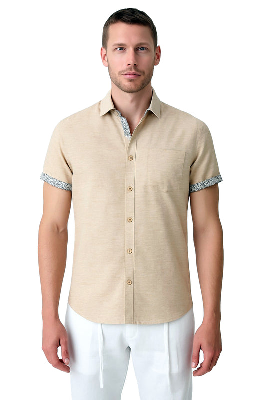 Men's LINEN LOOK S/S Button Down Shirt Contrast Slv Trim - BEIGE - MLL3498-Color Options - 6 PCS/PRE-PACK