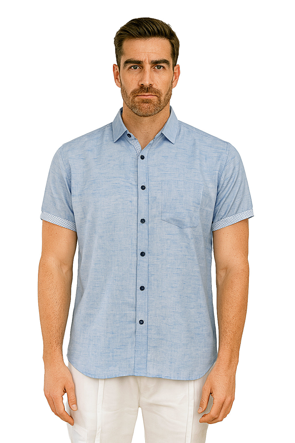 Men's LINEN LOOK S/S Button Down Shirt Contrast Slv Trim - LT. BLUE - MLL3498 -COLOR OPTIONS - 6 PCS/PRE-PACK
