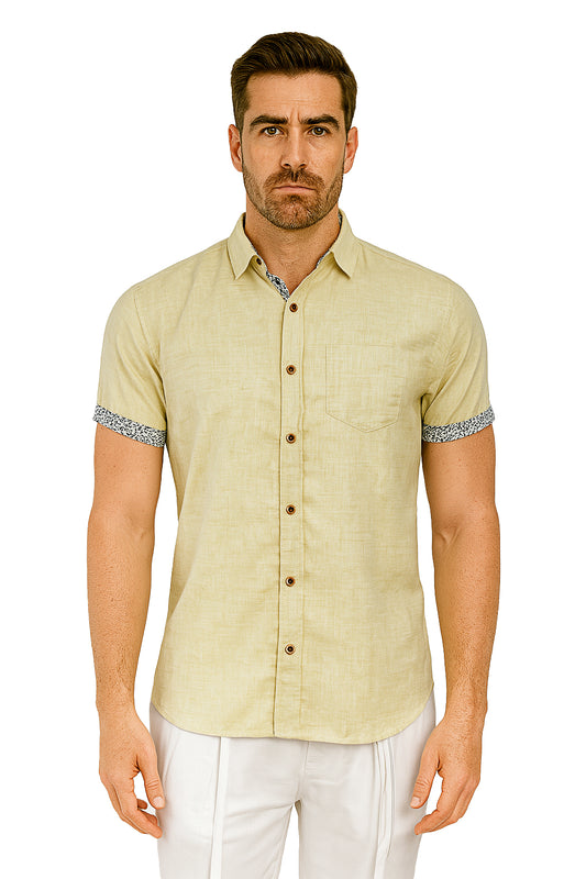 Men's LINEN LOOK S/S Button Down Shirt Contrast Slv Trim - LIME - MLL3498 - Color Options - 6 PCS/PRE-PACK