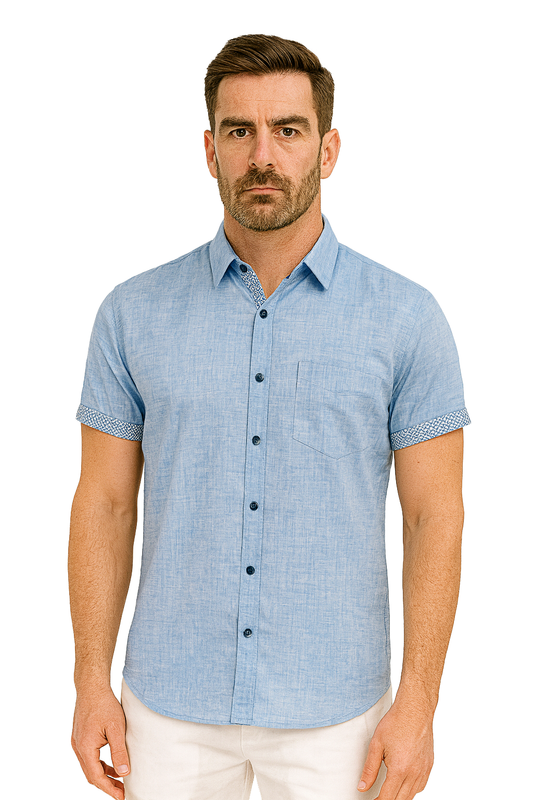 Men's LINEN LOOK S/S Button Down Shirt Contrast Slv Trim - LT. BLUE - MLL3499 - COLOR OPTIONS- 6 PCS/PRE-PACK