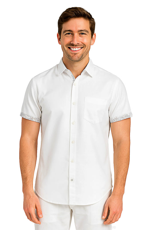 Men's LINEN LOOK S/S Button Down Shirt Contrast Slv Trim - WHITE - MLL3499B-6 PCS/PRE-PACK