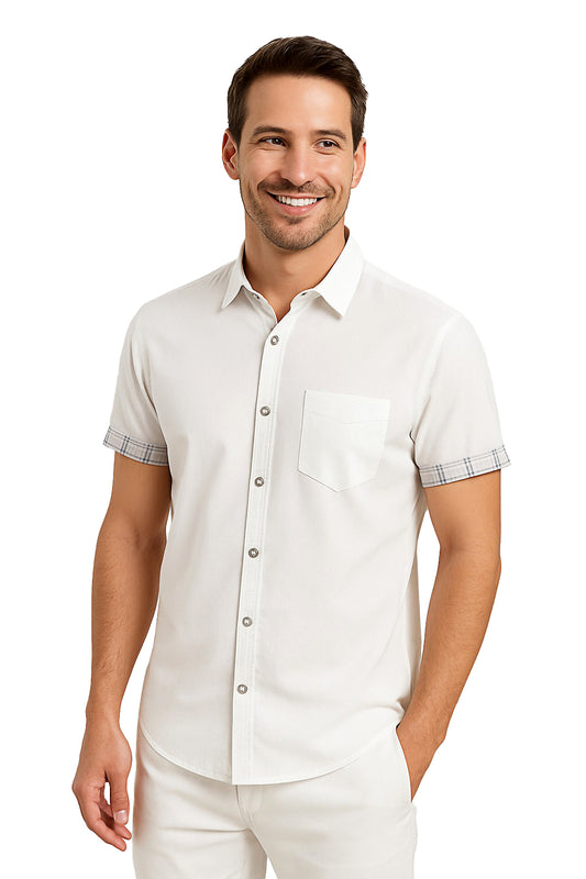 Men's LINEN LOOK S/S Button Down Shirt Contrast Slv Trim - WHITE - MLL3499 - COLOR OPTIONS - 6 PCS/PRE-PACK