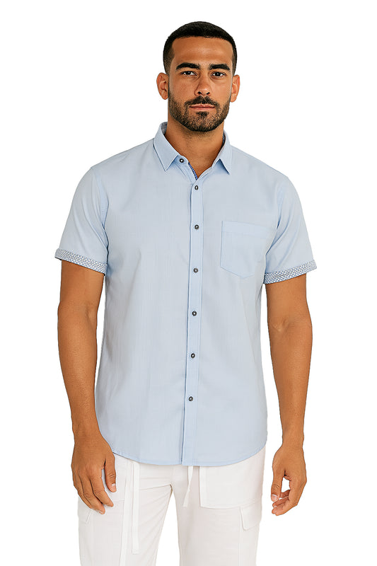Men's LINEN LOOK S/S Button Down Shirt Contrast Slv Trim- LT. BLUE- MLL3500 - Color Options 6 PCS/PRE-PACK