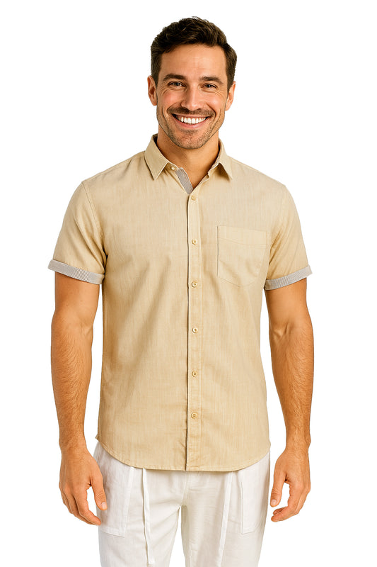Men's LINEN LOOK S/S Button Down Shirt Contrast Slv Trim- NATURAL - MLL3500 - Color Options -6 PCS/PRE-PACK