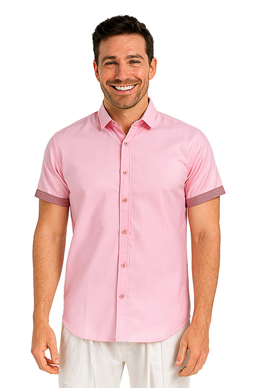 Men's LINEN LOOK S/S Button Down Shirt Contrast Slv Trim-PINK- MLL3500 - Color Options - 6 PCS/PRE-PACK