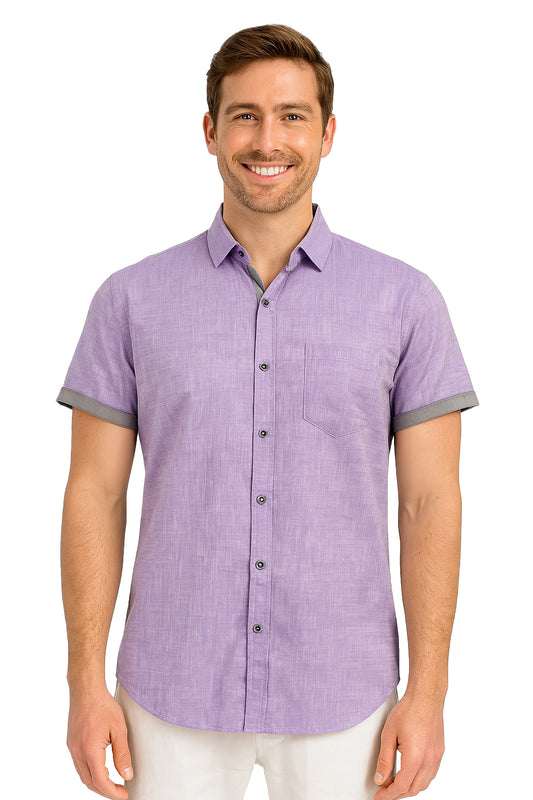 Men's LINEN LOOK S/S Button Down Shirt Contrast Slv Trim - PURPLE - MLL3500B - 6 PCS/PRE-PACK