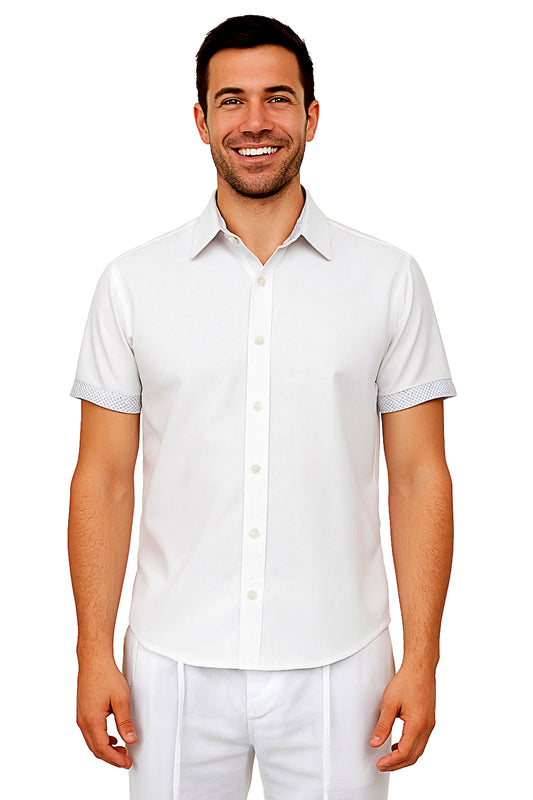 Men's LINEN LOOK S/S Button Down Shirt Contrast Slv Trim- WHITE - MLL3500 - Color Options - 6 PCS/PRE-PACK