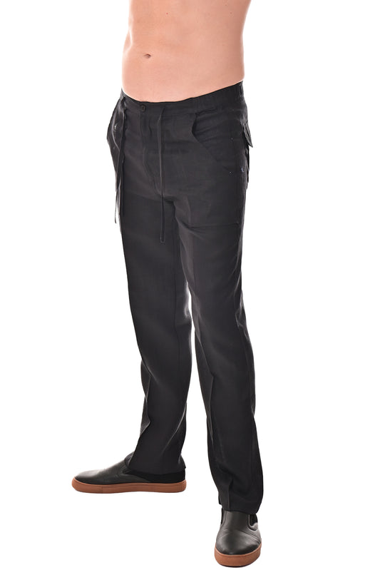 Men Drawstring Linen Blend Pants-BLACK-COLOR OPTIONS-MLP19c - 6 PCS/PRE-PACK