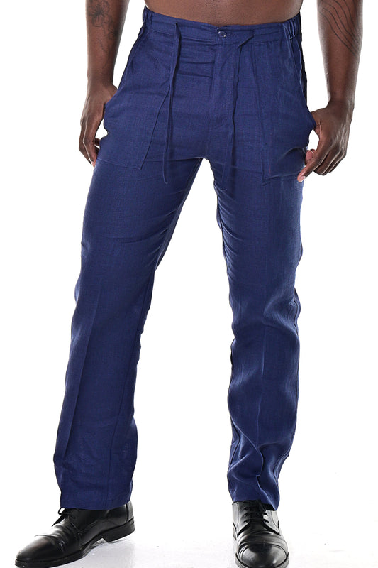 Men 100% Linen Drawstring Pants-NAVY-COLOR OPTIONS-MLP19 - 6 PCS/PRE-PACK