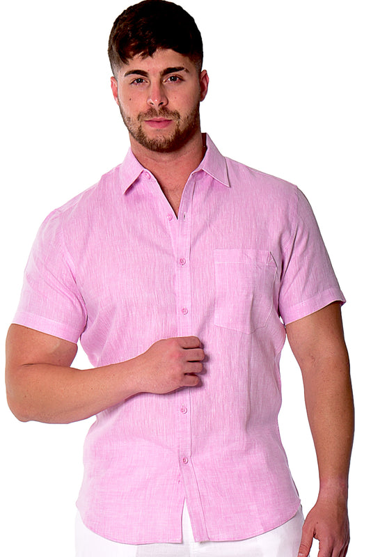 Men S/S Linen Yarn Dye Pocket Shirt in-PINK-Color Options-MLS1357- 6 PCS/PRE-PACK