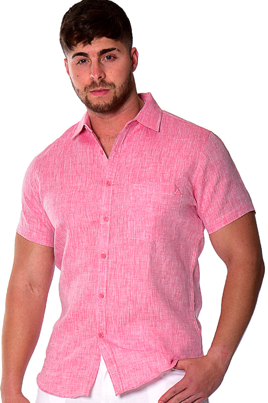Men S/S Linen Yarn Dye Pocket Shirt- RED-Color Options-MLS1357- 6 PCS/PRE-PACK