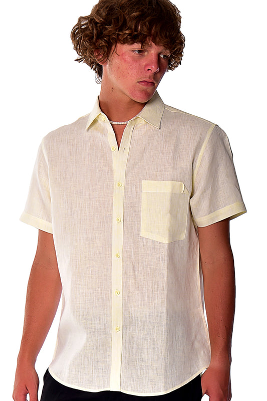 Men S/S Linen Yarn Dye Pocket Shirt in-YELLOW-Color Options-MLS1357- 6 PCS/PRE-PACK