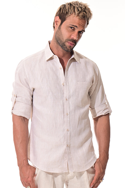 Men Linen Yarn Dye Roll-Up Slv Shirt-BEIGE-Color Options-MLS1358-6 PCS/PRE-PACK
